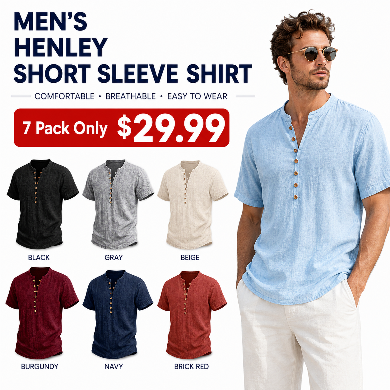 Men Mandarin Collar Wooden Button Half Placket Linen Blend Short Sleeve Henley Shirt