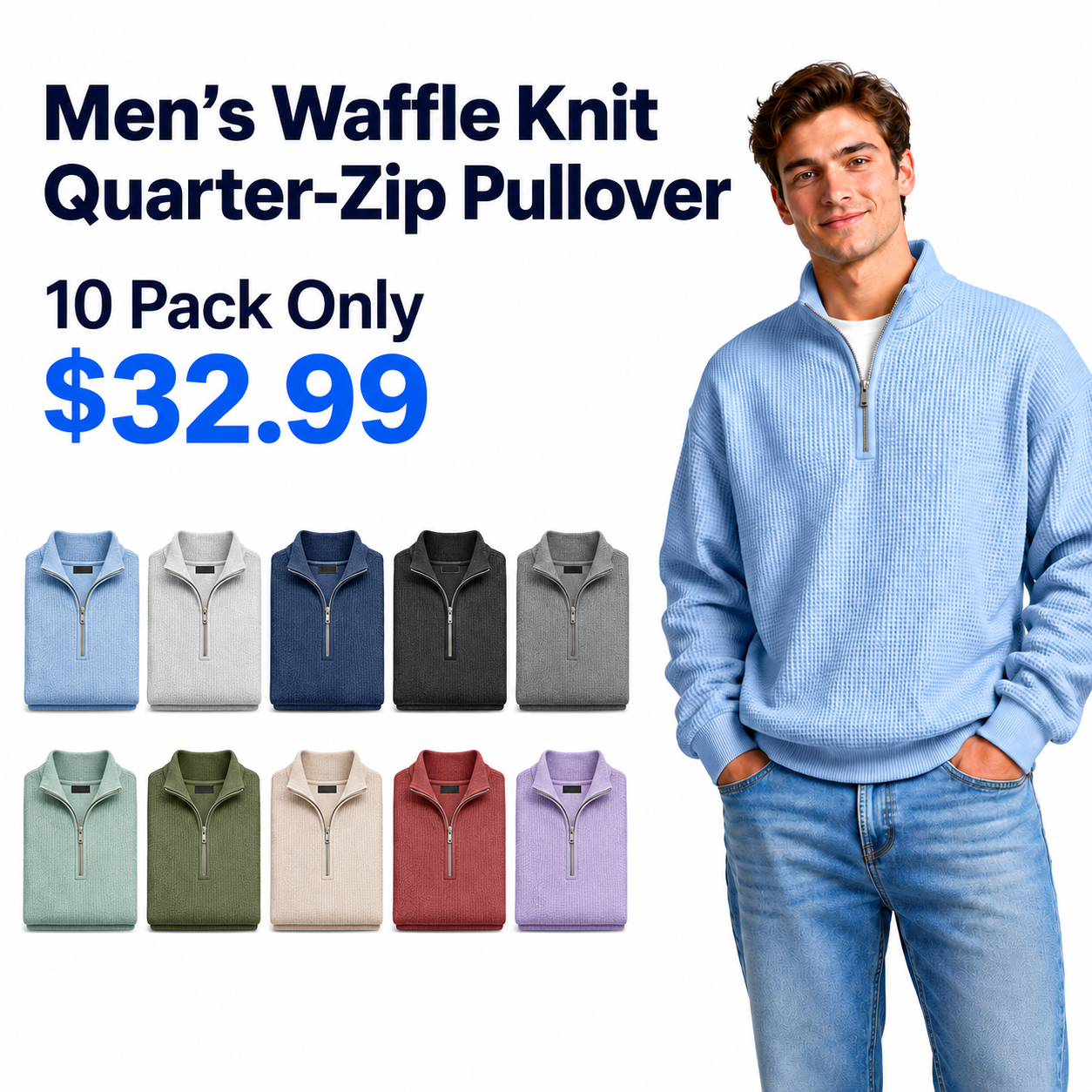 Men's Daily Loose And Simple Waffle Half-zip Stand Collar Long-sleeved Polo Shirt