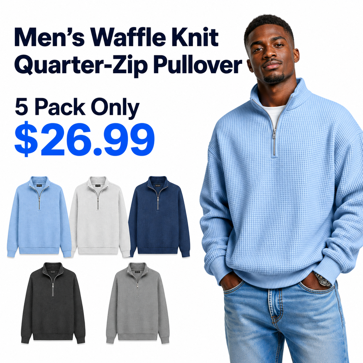 Men's Daily Loose And Simple Waffle Half-zip Stand Collar Long-sleeved Polo Shirt