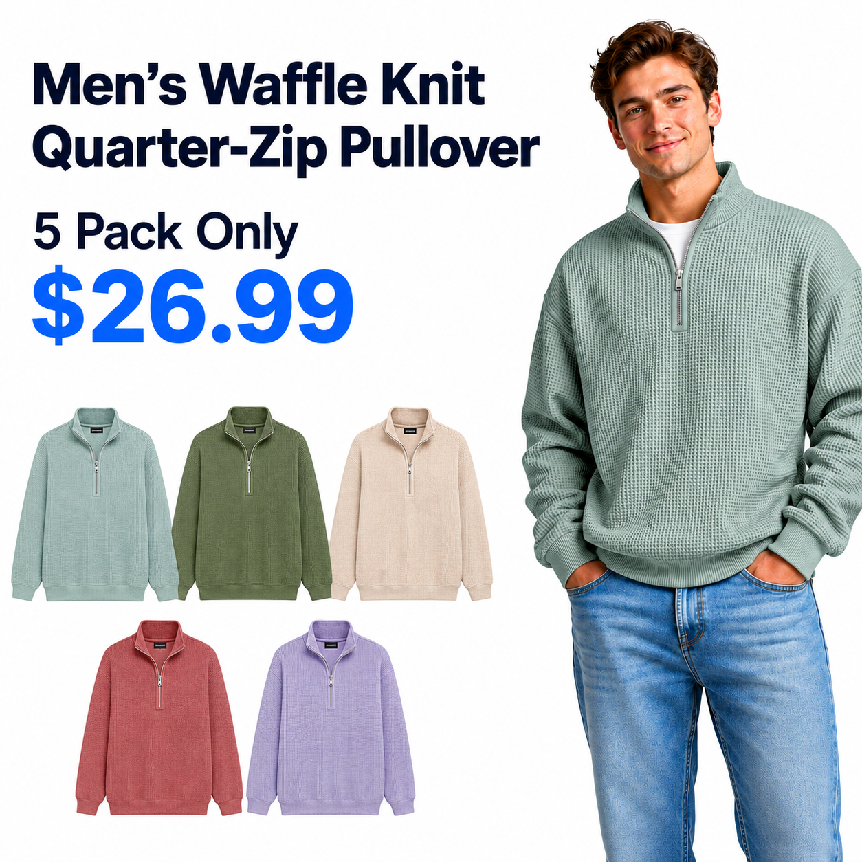 Men's Daily Loose And Simple Waffle Half-zip Stand Collar Long-sleeved Polo Shirt