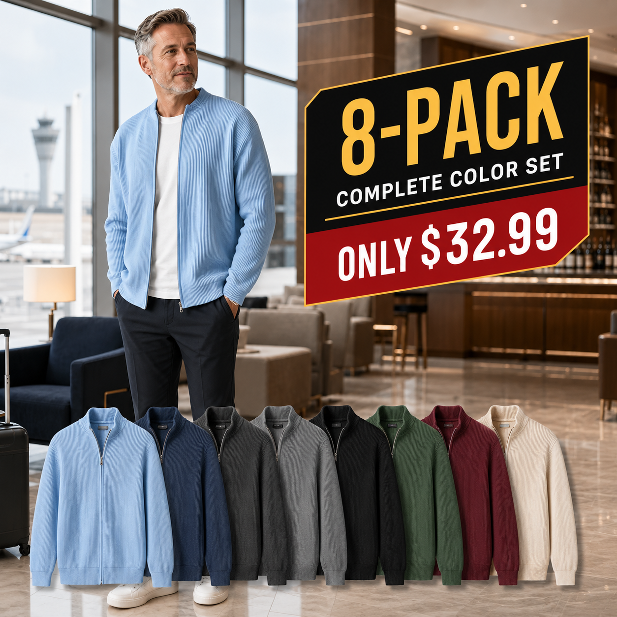 Men's Ribbed Full-Zip Stand-Collar Cardigan