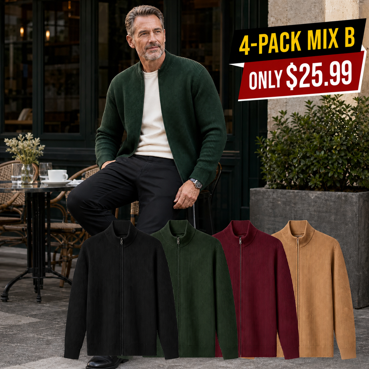 Men's Ribbed Full-Zip Stand-Collar Cardigan