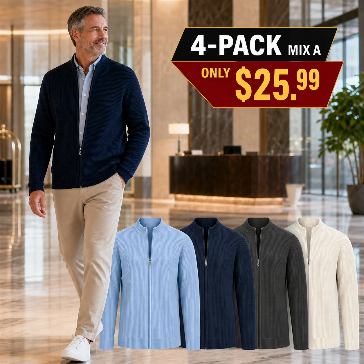 Men's Ribbed Full-Zip Stand-Collar Cardigan