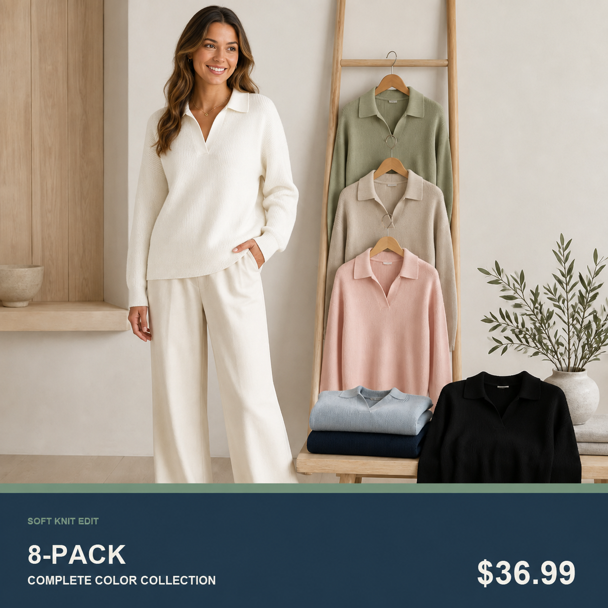 Women's Relaxed Open-Neck Polo Knit Sweater