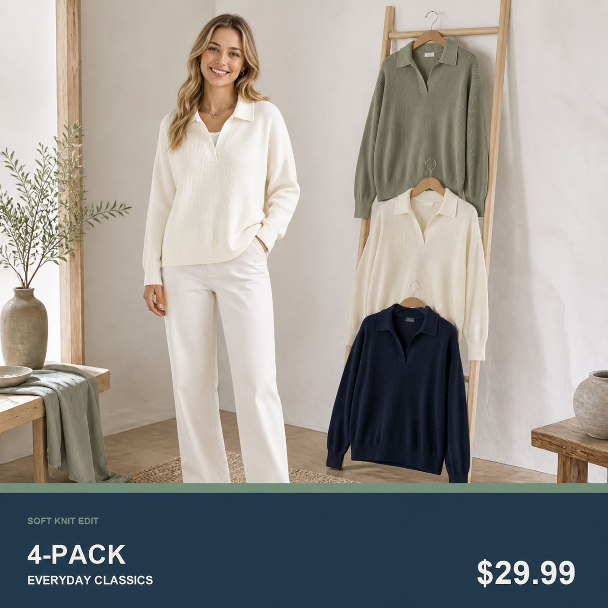 Women's Relaxed Open-Neck Polo Knit Sweater