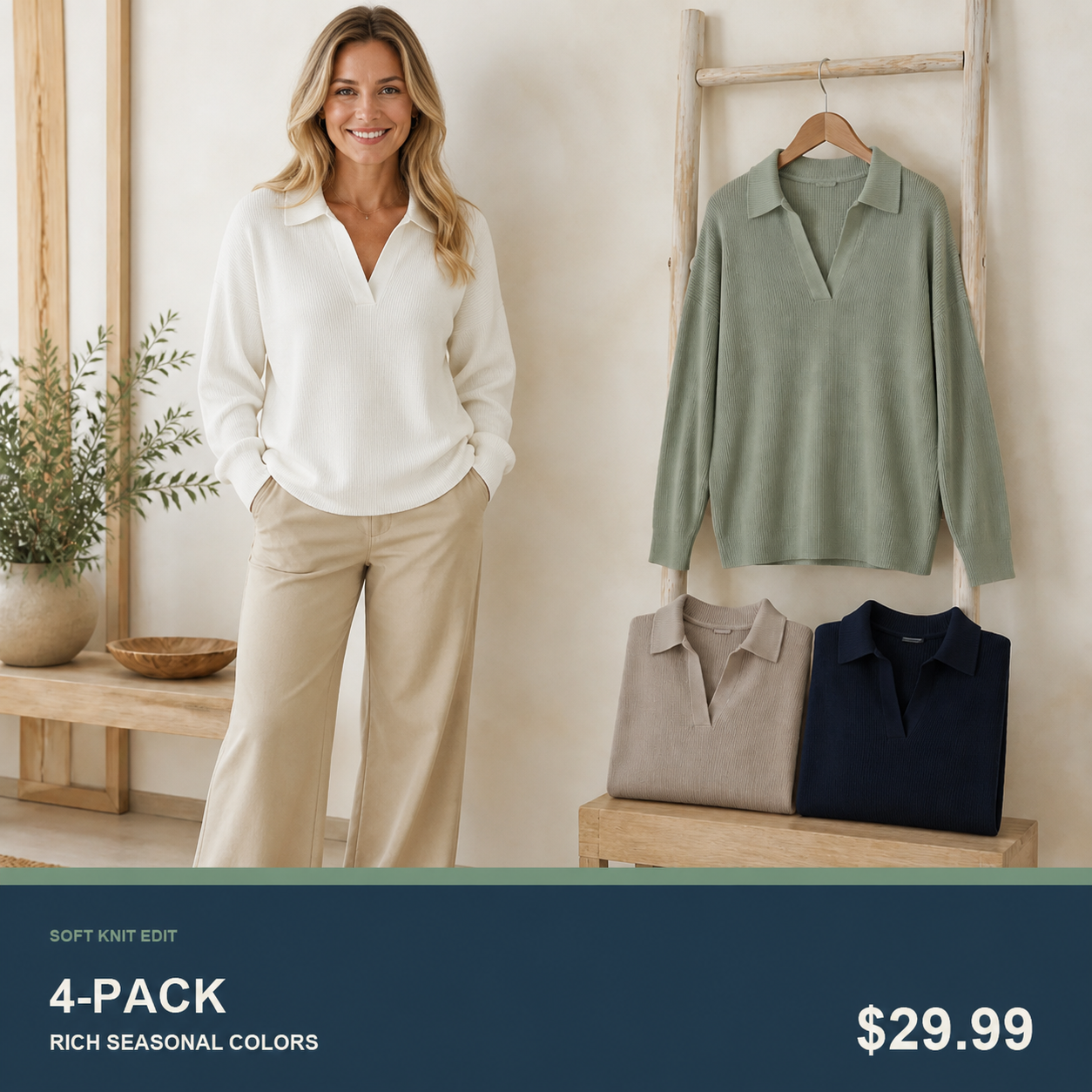 Women's Relaxed Open-Neck Polo Knit Sweater