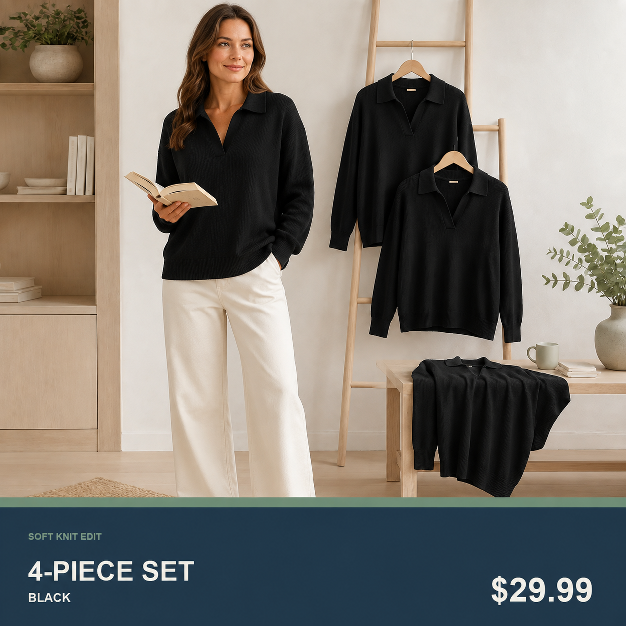 Women's Relaxed Open-Neck Polo Knit Sweater