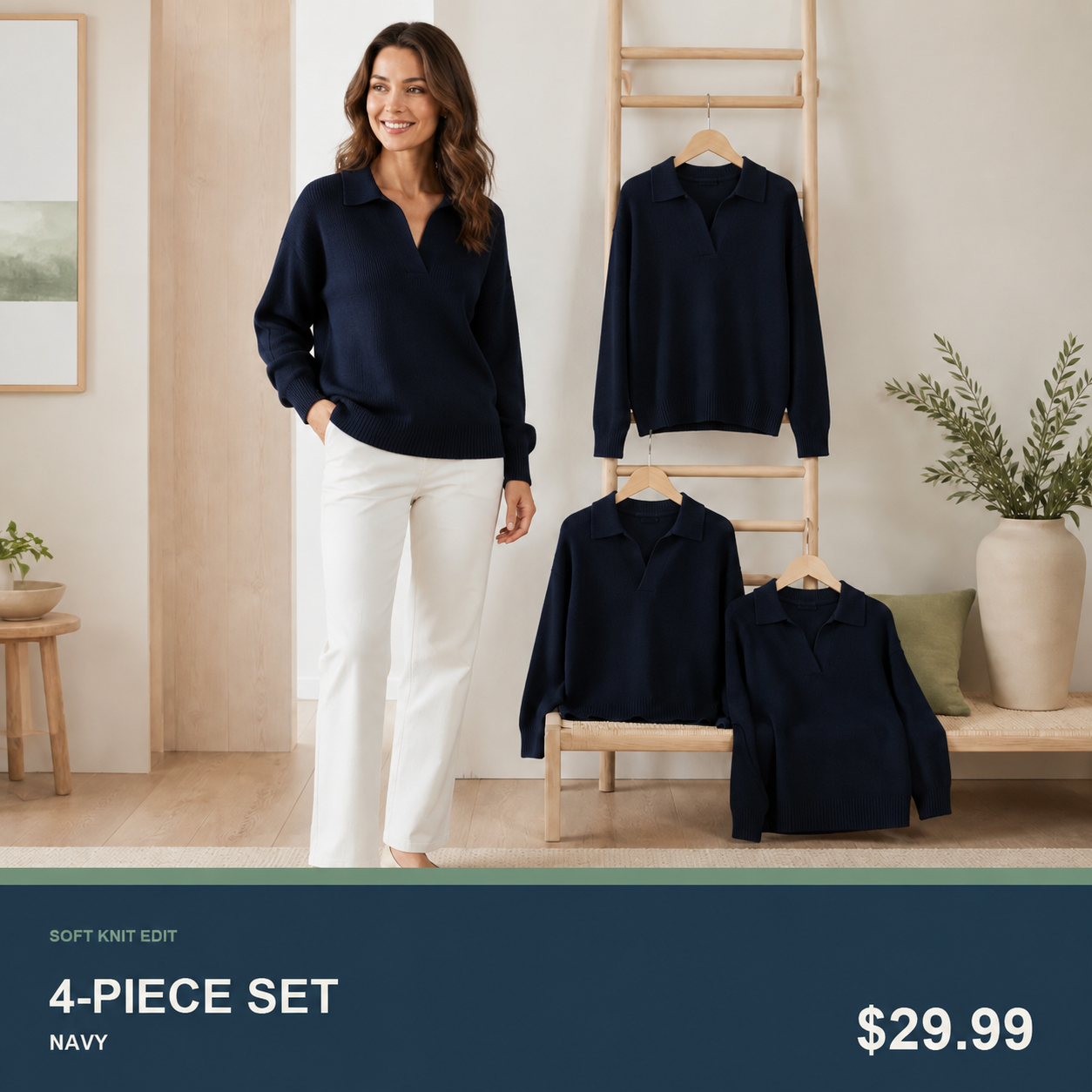 Women's Relaxed Open-Neck Polo Knit Sweater