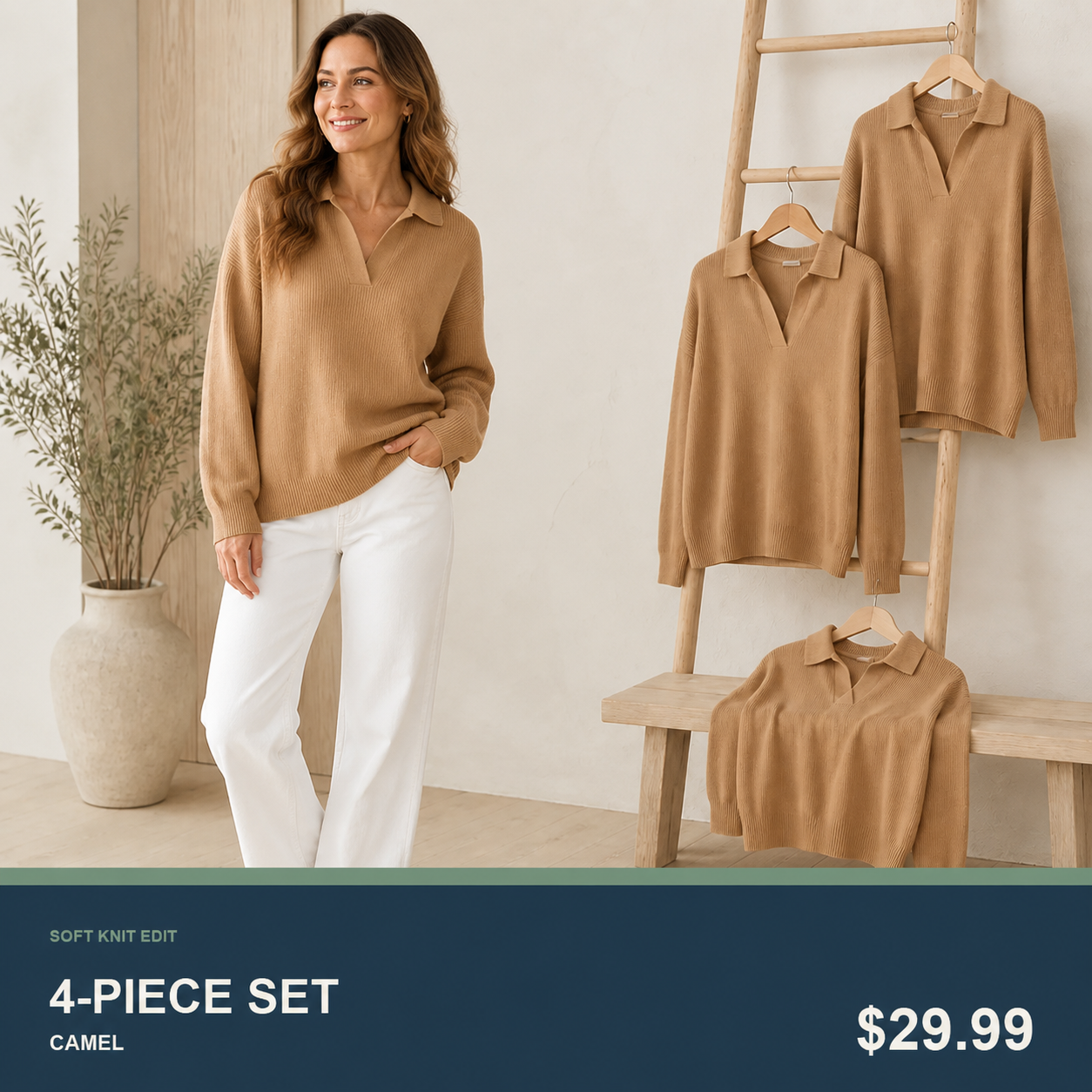 Women's Relaxed Open-Neck Polo Knit Sweater