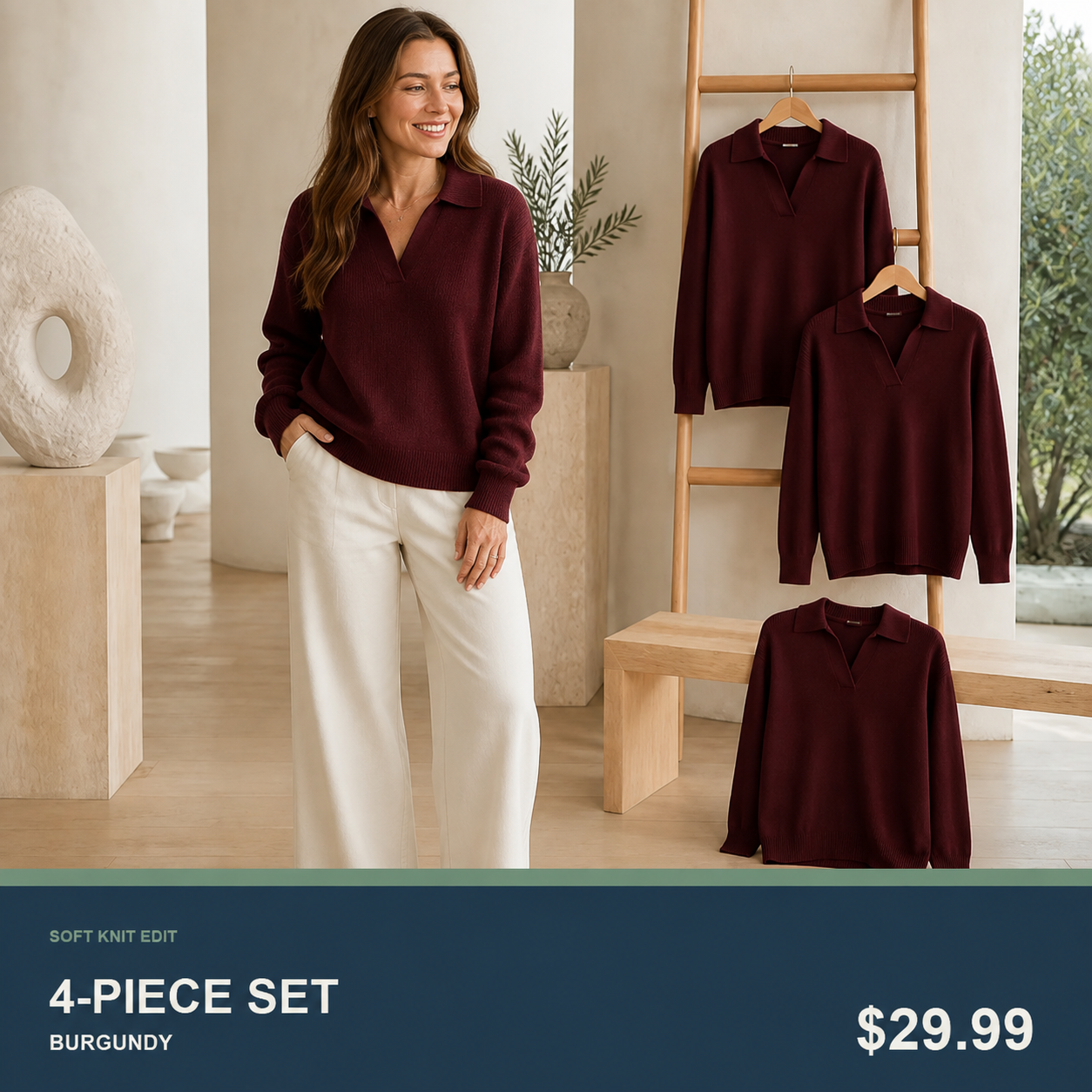 Women's Relaxed Open-Neck Polo Knit Sweater