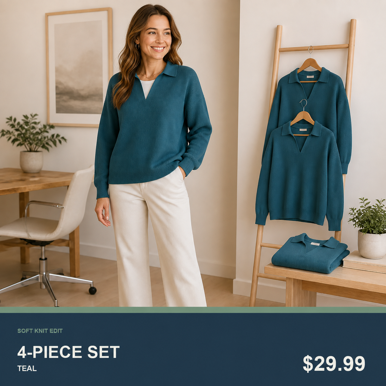 Women's Relaxed Open-Neck Polo Knit Sweater