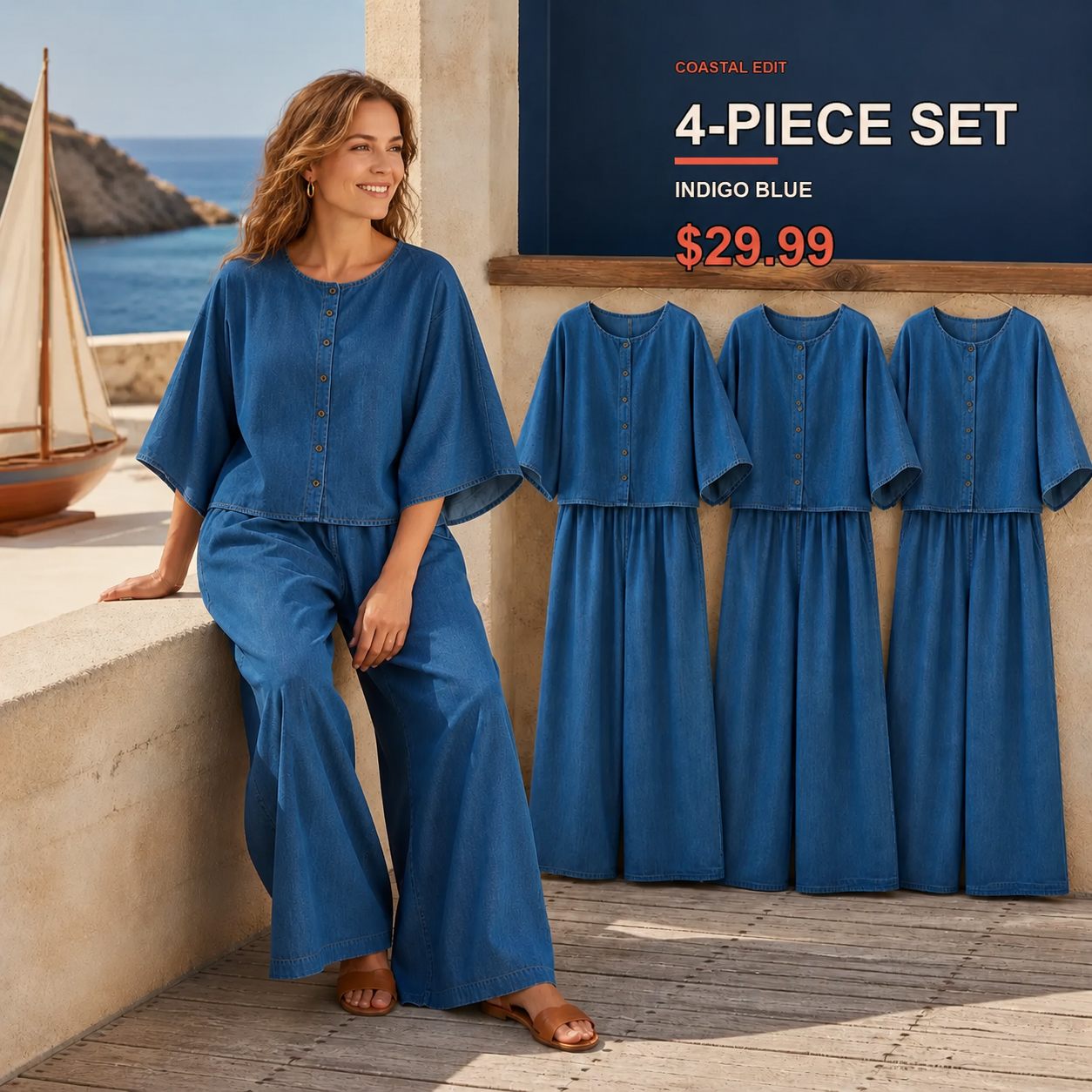 Women's Relaxed Button-Front Top and Wide-Leg Pants Set