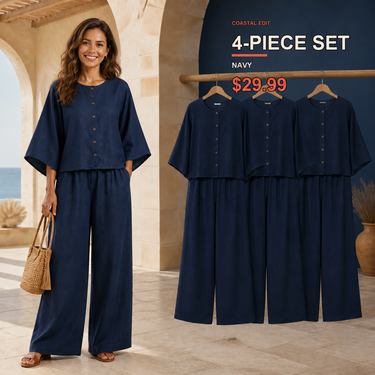 Women's Relaxed Button-Front Top and Wide-Leg Pants Set