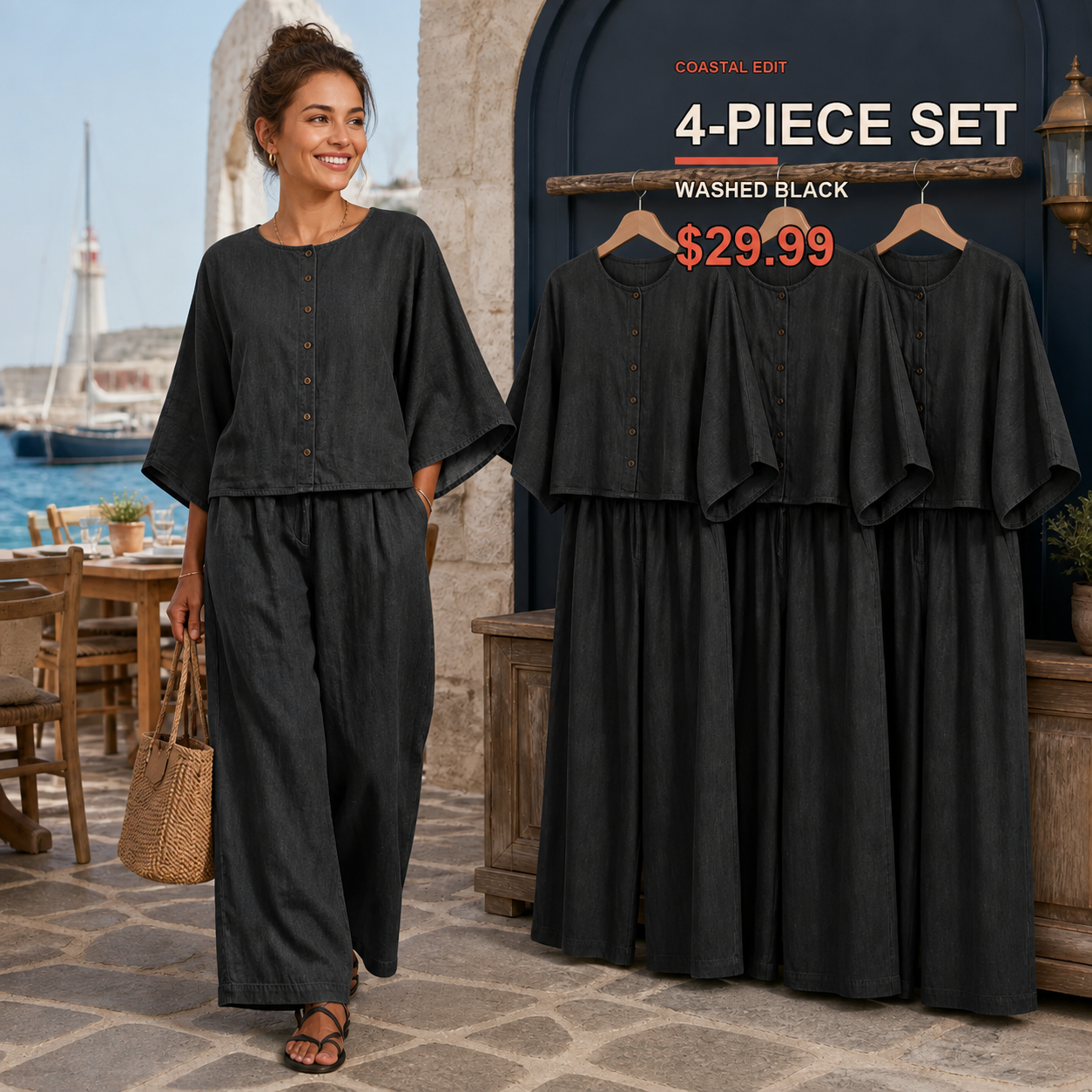 Women's Relaxed Button-Front Top and Wide-Leg Pants Set