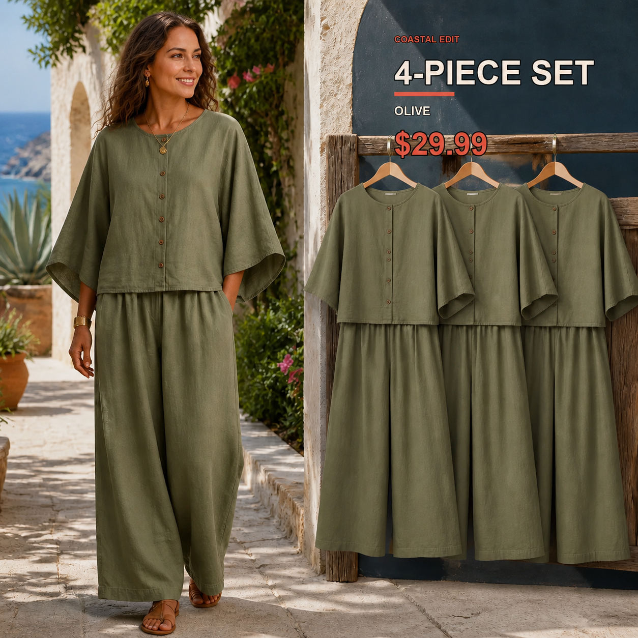 Women's Relaxed Button-Front Top and Wide-Leg Pants Set