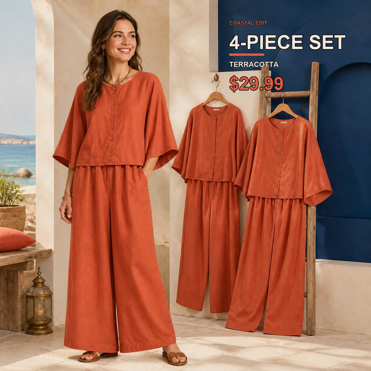 Women's Relaxed Button-Front Top and Wide-Leg Pants Set