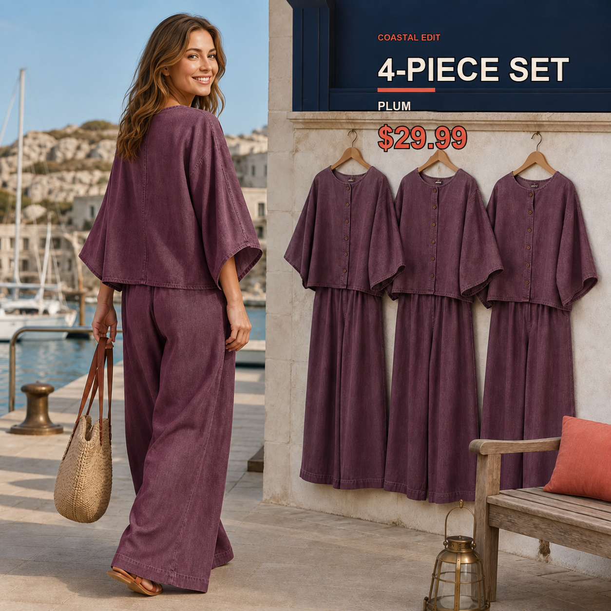 Women's Relaxed Button-Front Top and Wide-Leg Pants Set