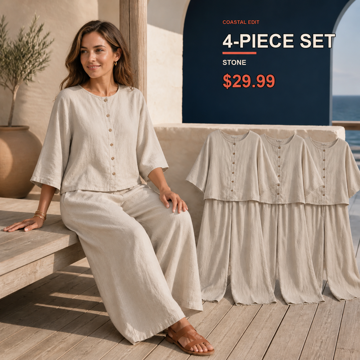 Women's Relaxed Button-Front Top and Wide-Leg Pants Set
