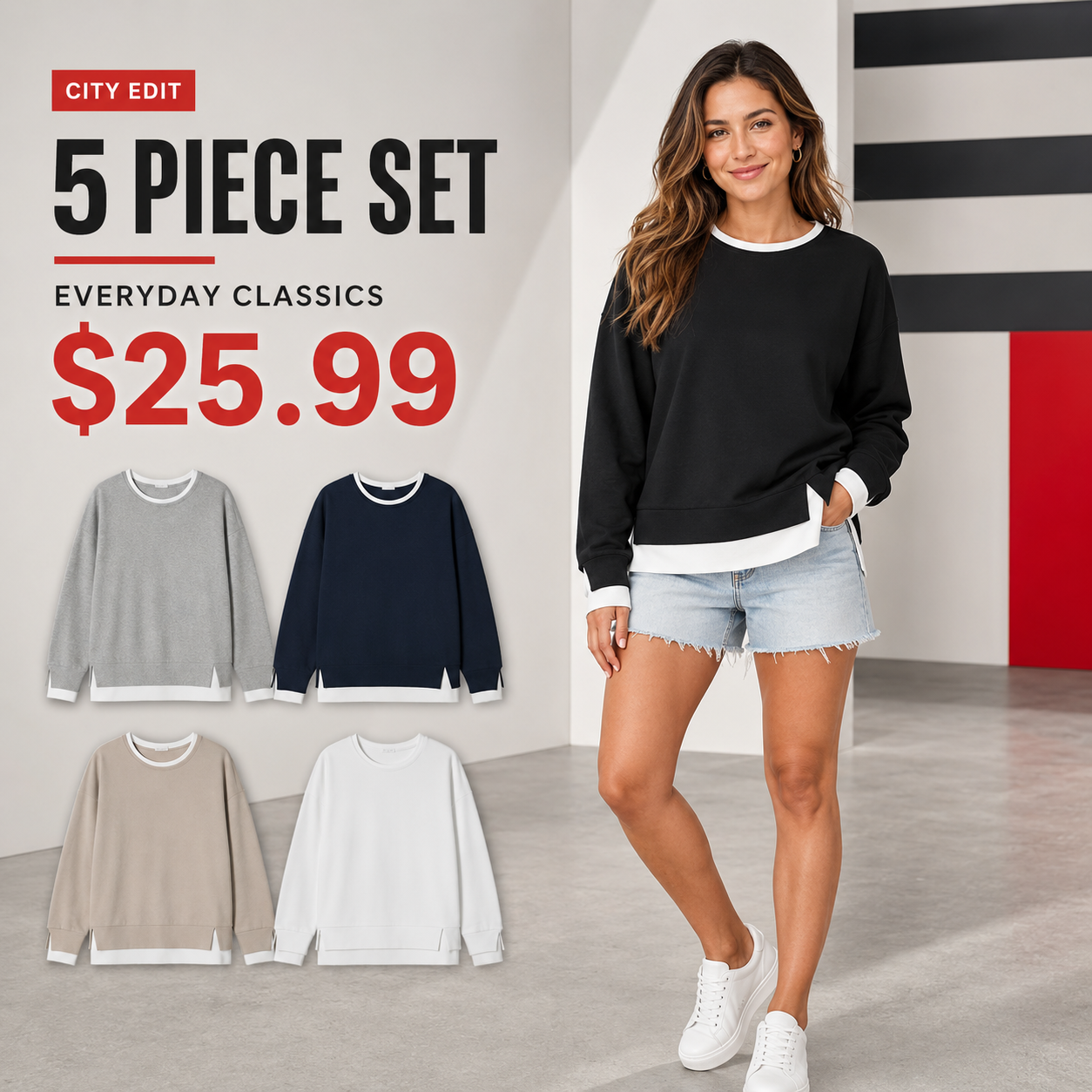 Women's Relaxed Contrast-Trim Crewneck Sweatshirt
