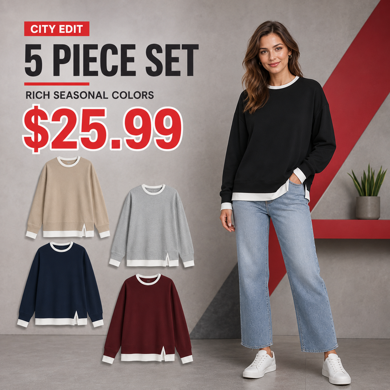 Women's Relaxed Contrast-Trim Crewneck Sweatshirt