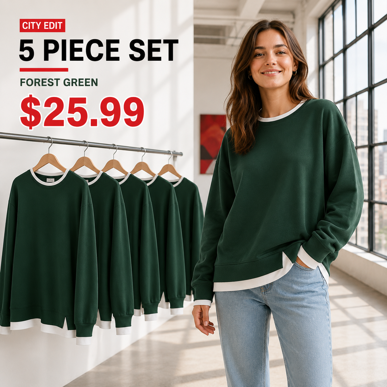 Women's Relaxed Contrast-Trim Crewneck Sweatshirt