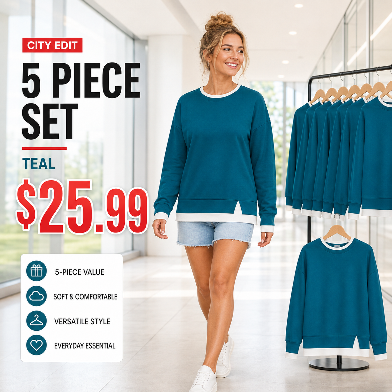 Women's Relaxed Contrast-Trim Crewneck Sweatshirt