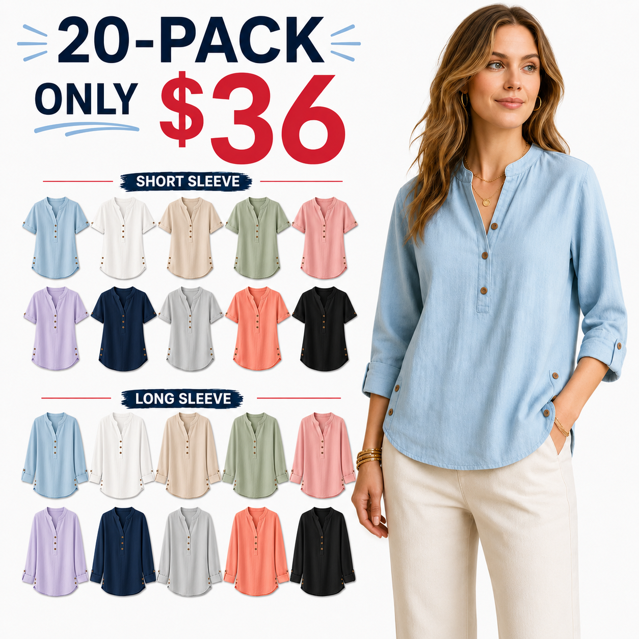 ⚡10 Pack for $28⚡Women's Linen Mandarin Collar T-Shirt
