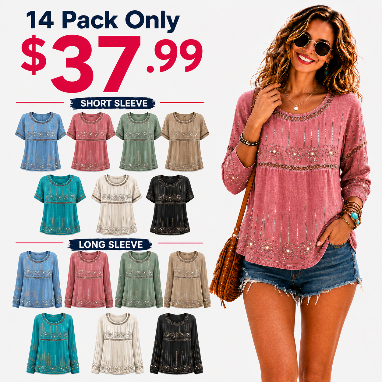 14-Pack Women's Embroidered Tops – Short & Long Sleeve Everyday Collection