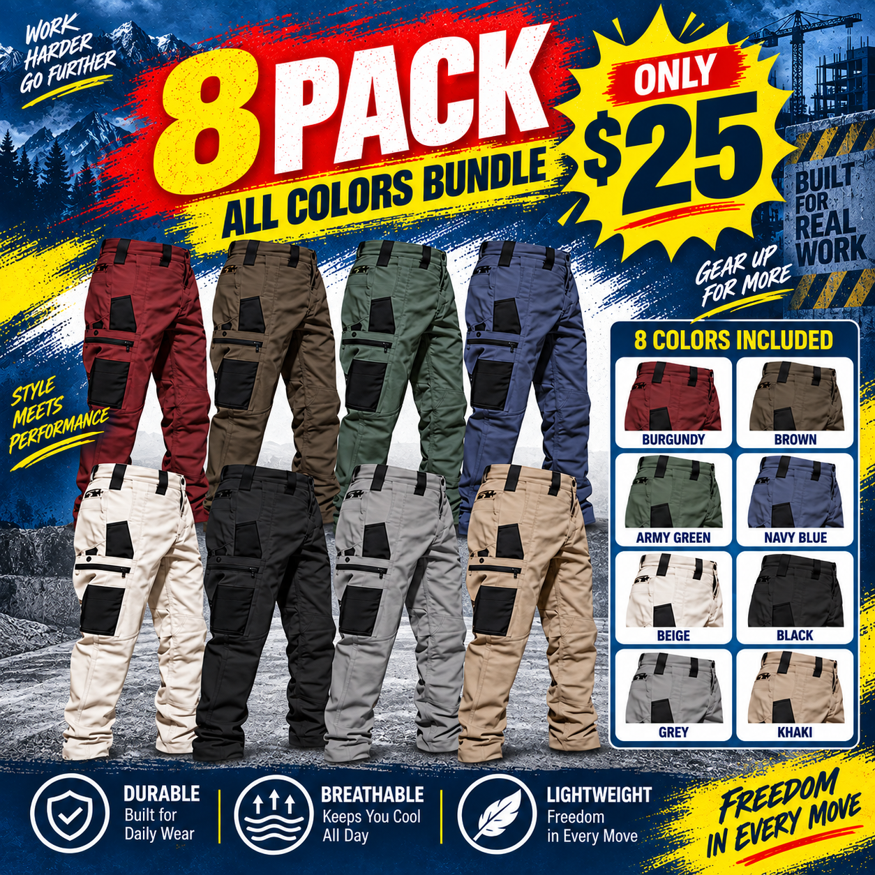 8-Pack(All colors) Men's 8-Pack Unisex 10-Pocket Heavy Duty zipper waterproof tactical Work Pants