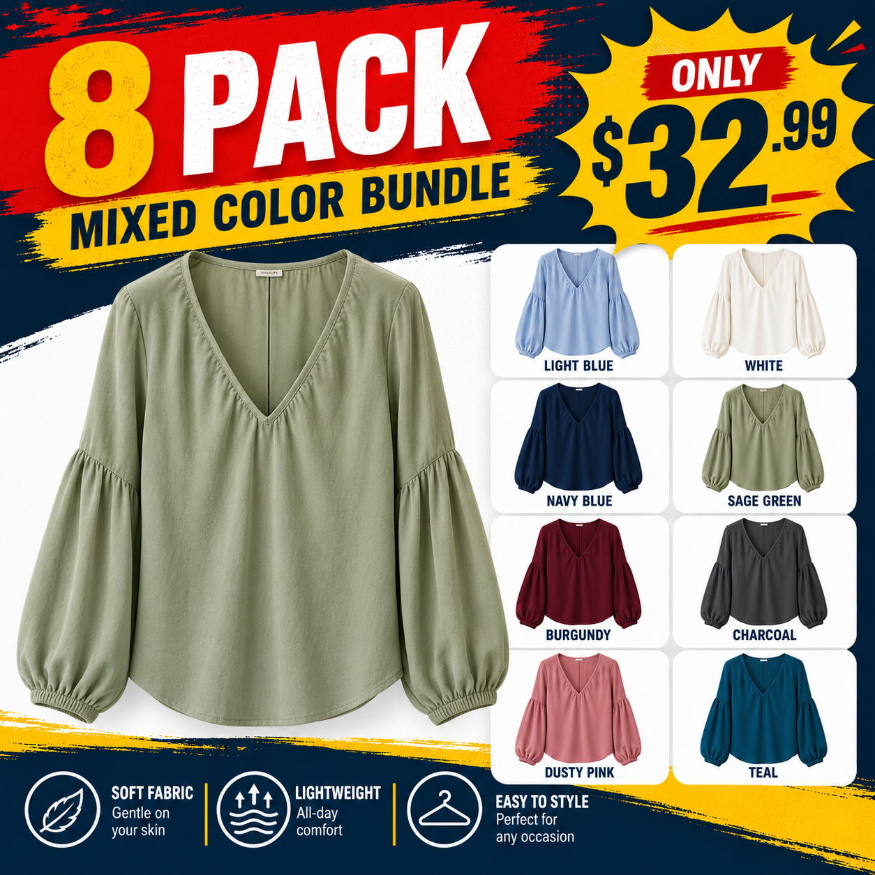 FINAL CLEARANCE - 8-Pack Only $32.99 - Women's Relaxed V-Neck Balloon-Sleeve Blouse