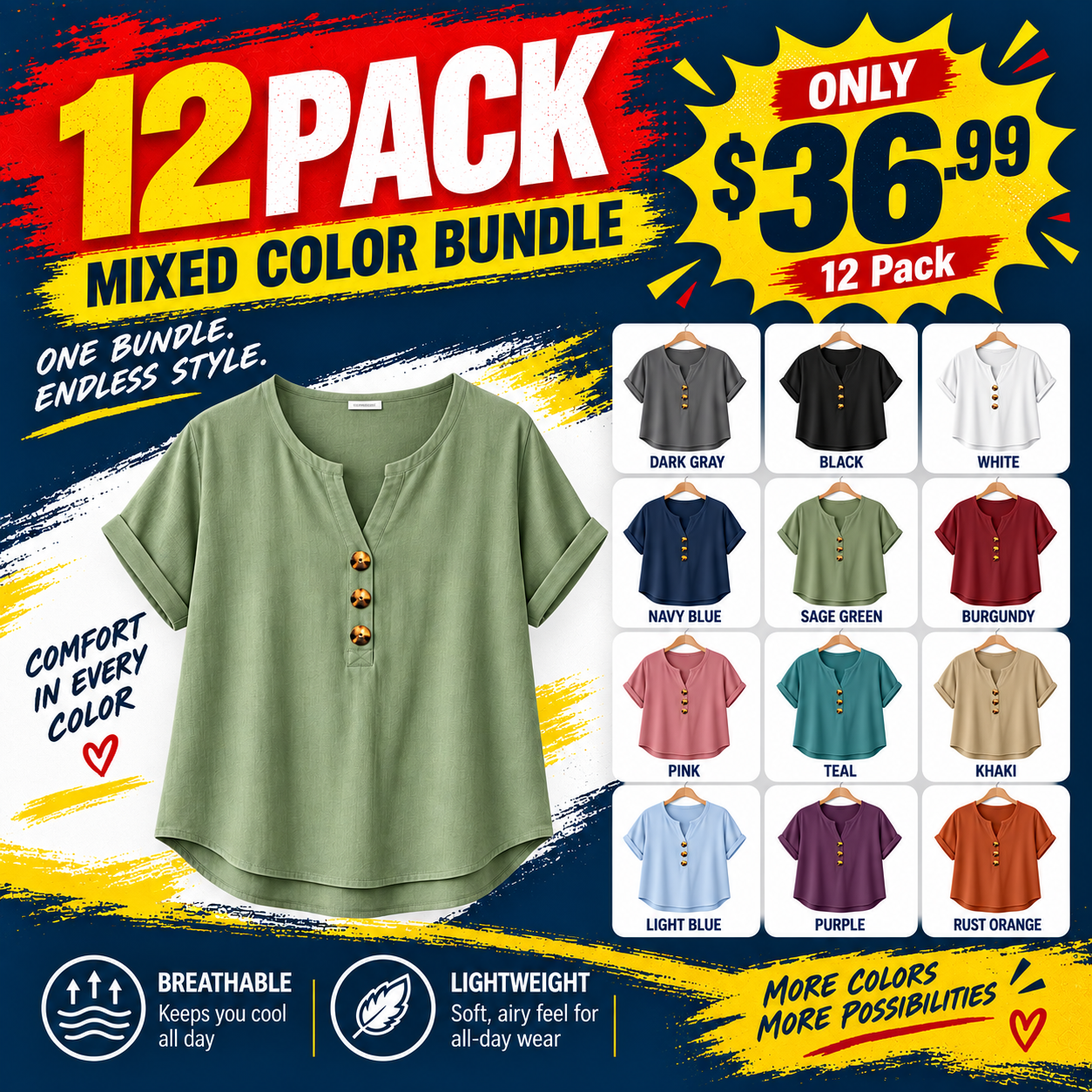 FINAL CLEARANCE - 12-Pack Only $36.99 - Women's Relaxed Three-Button Split-Neck Short-Sleeve Blouse