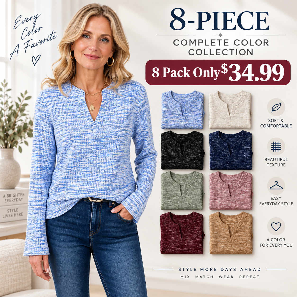 FINAL CLEARANCE - 8-Pack Only $36.99 - Women's Textured Notch-Neck Long-Sleeve Pullover Top