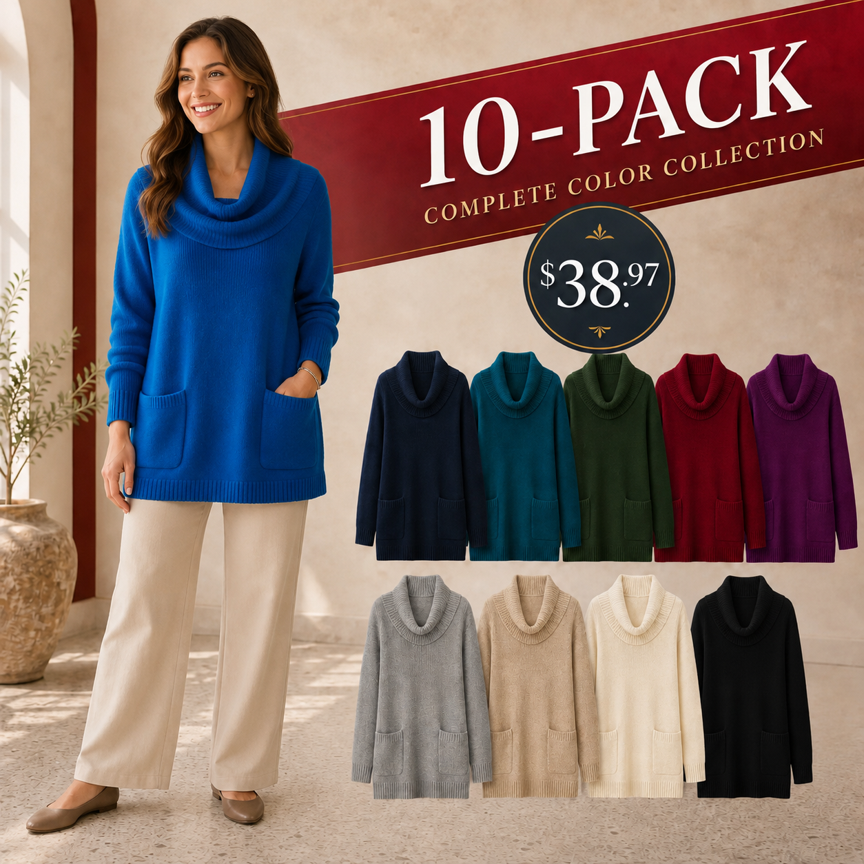 Women's Relaxed Cowl-Neck Knit Tunic with Pockets
