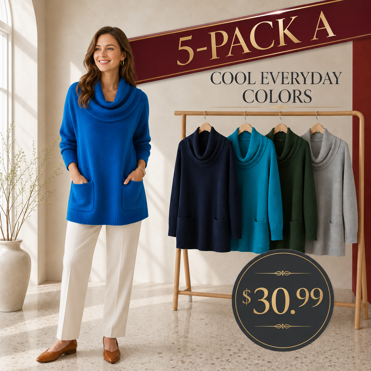 Women's Relaxed Cowl-Neck Knit Tunic with Pockets