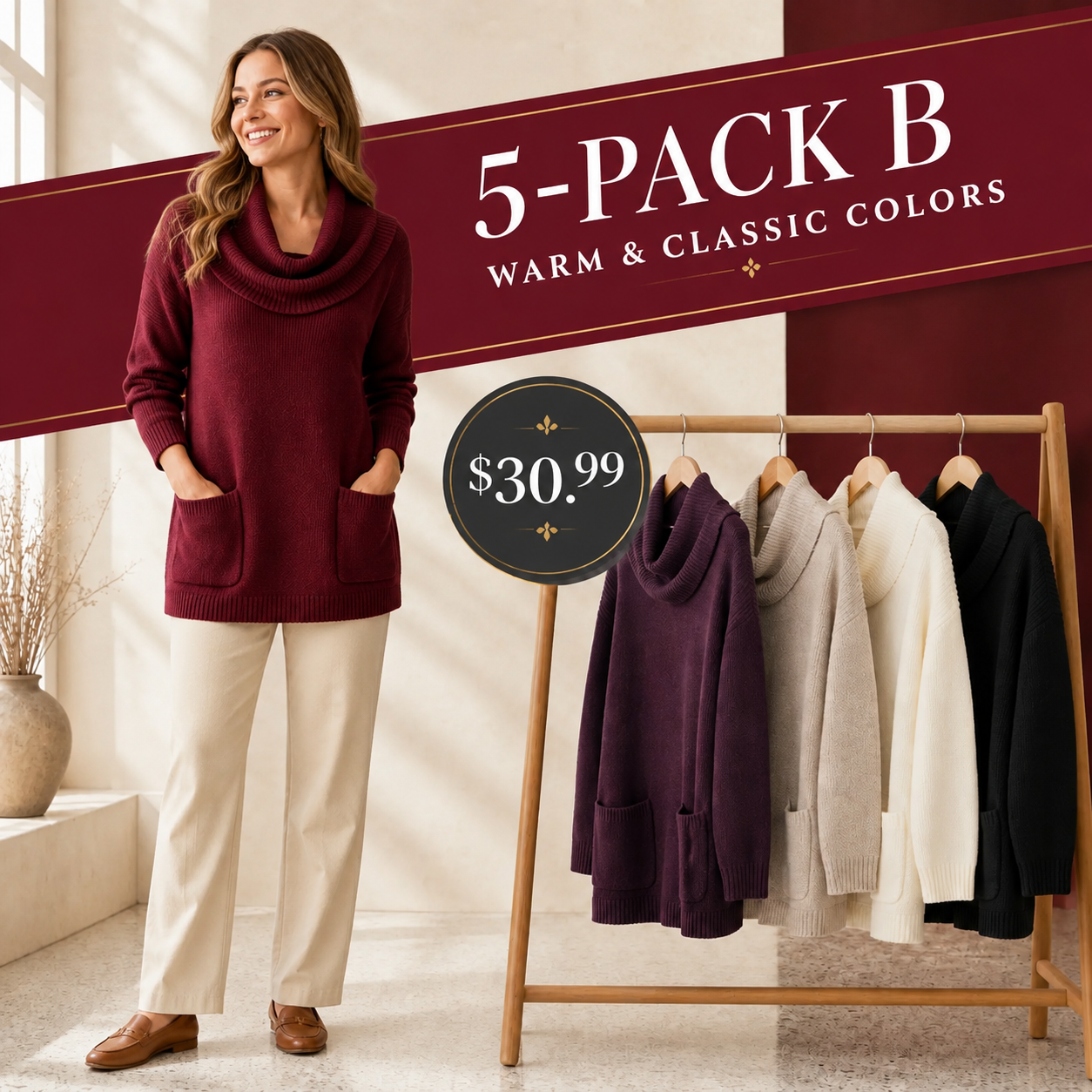 Women's Relaxed Cowl-Neck Knit Tunic with Pockets
