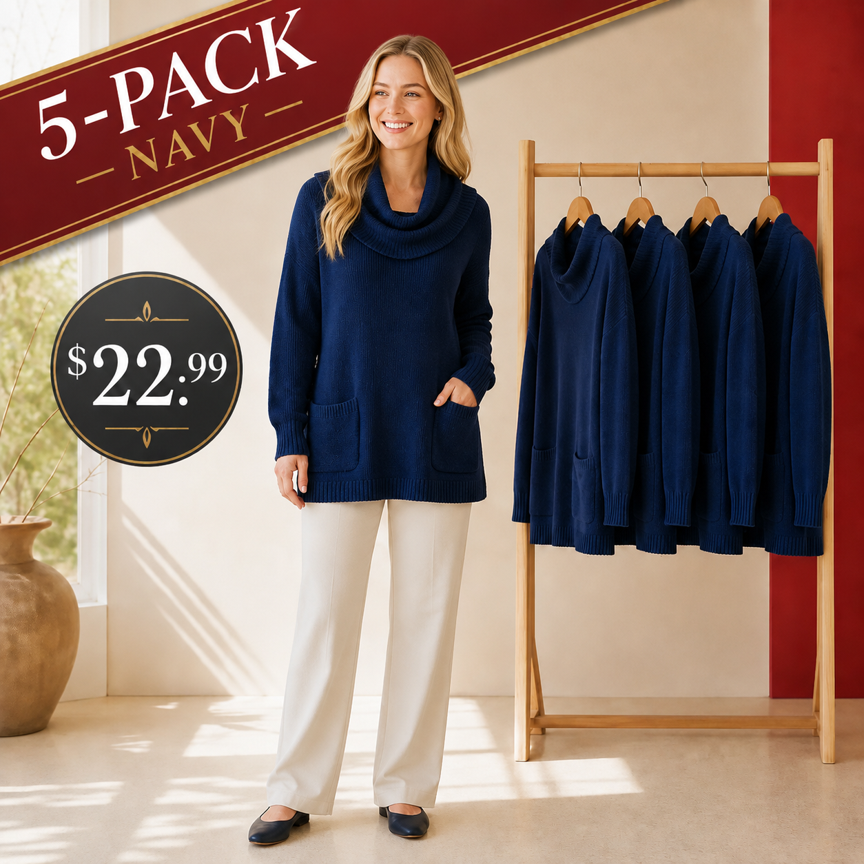 Women's Relaxed Cowl-Neck Knit Tunic with Pockets
