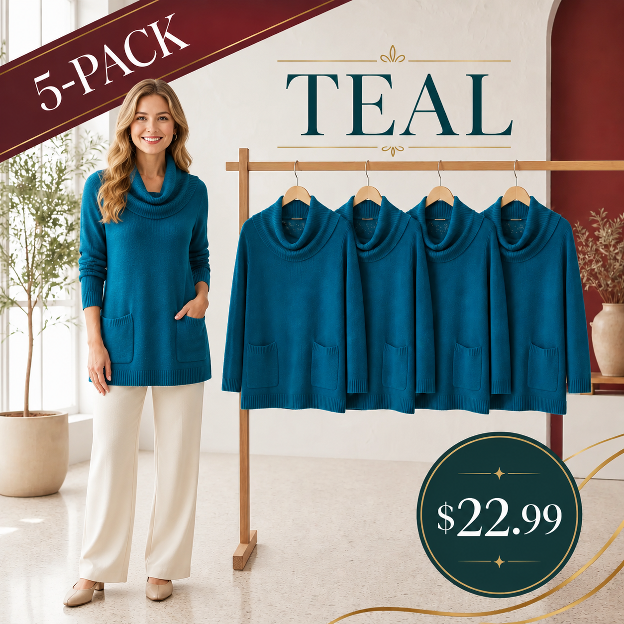 Women's Relaxed Cowl-Neck Knit Tunic with Pockets