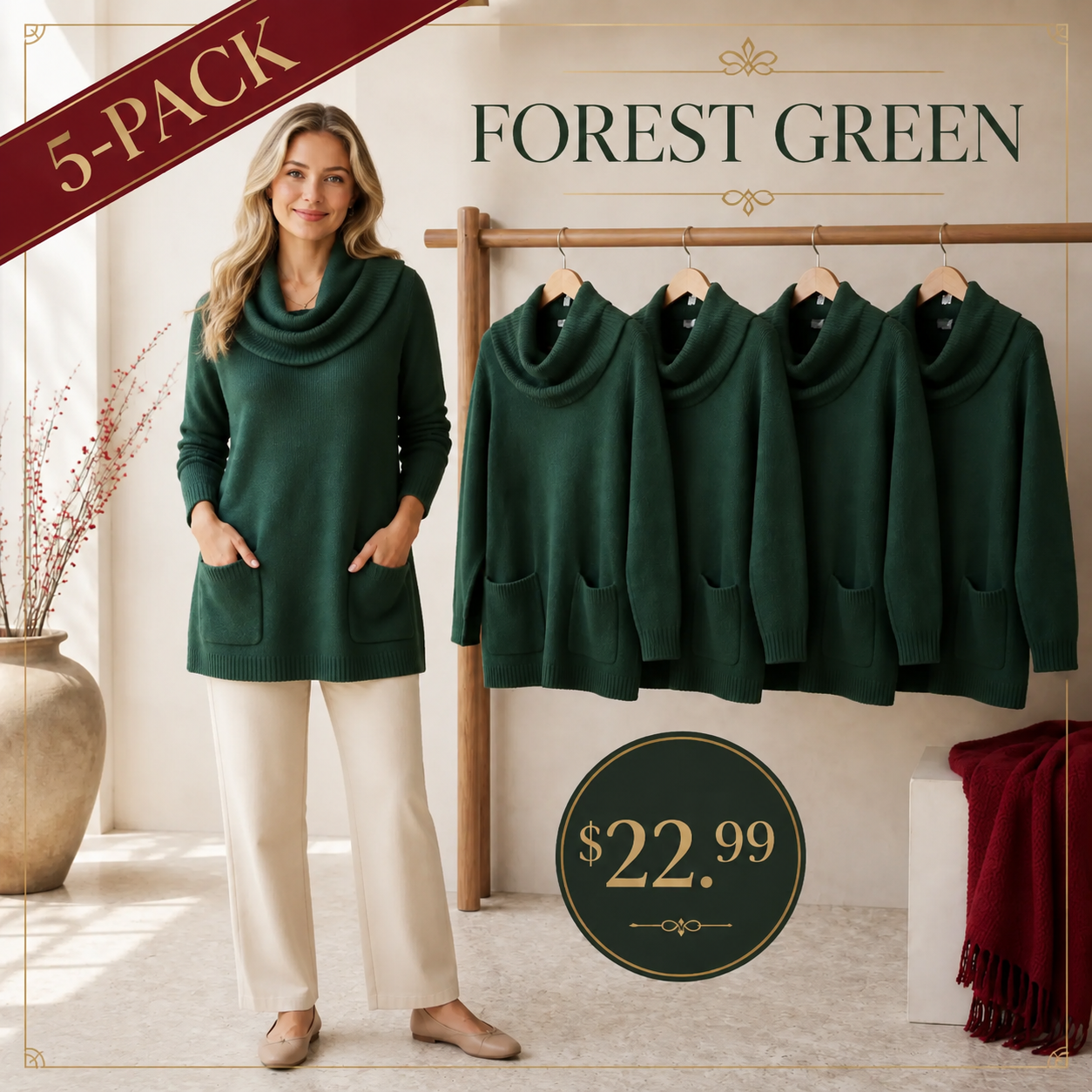 Women's Relaxed Cowl-Neck Knit Tunic with Pockets