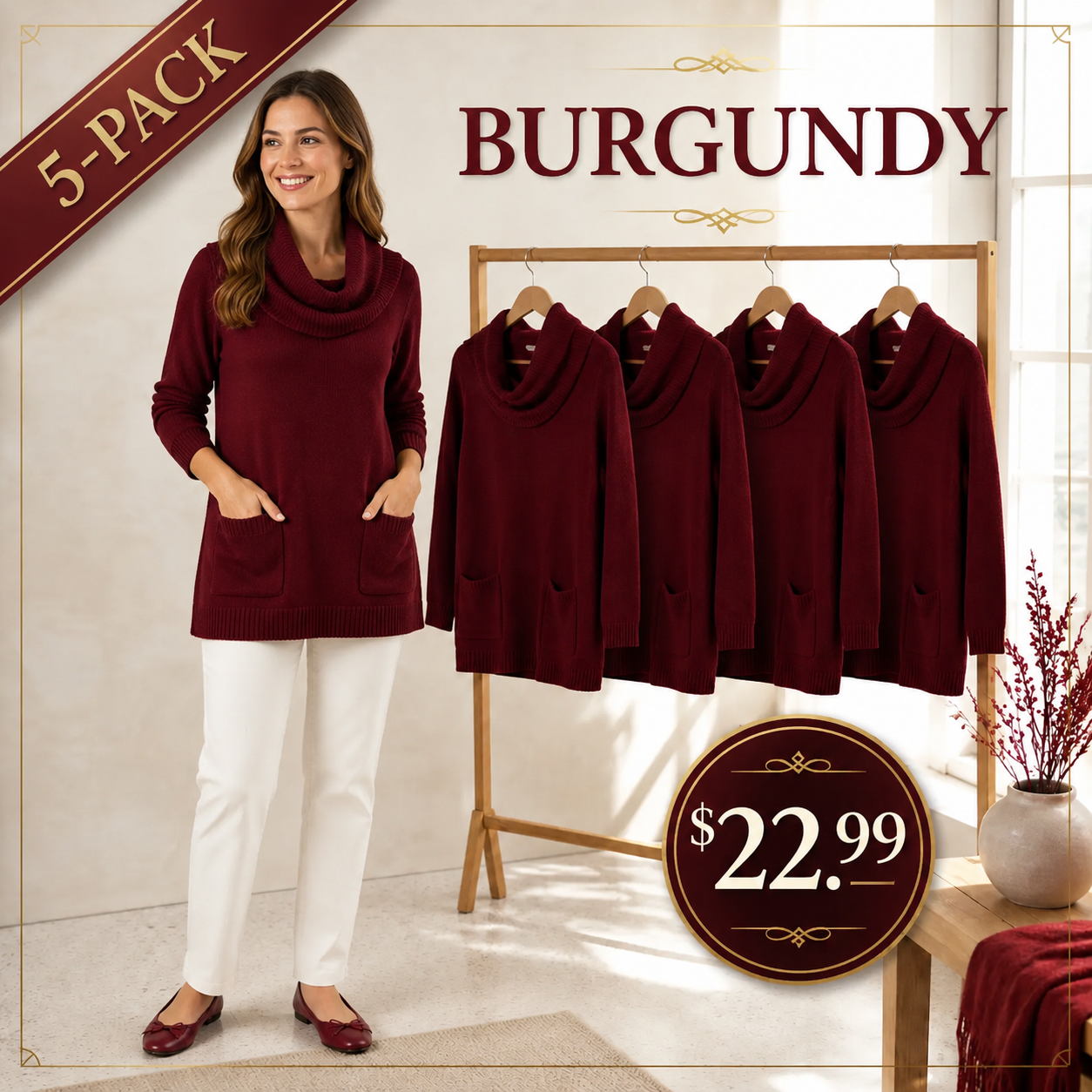 Women's Relaxed Cowl-Neck Knit Tunic with Pockets