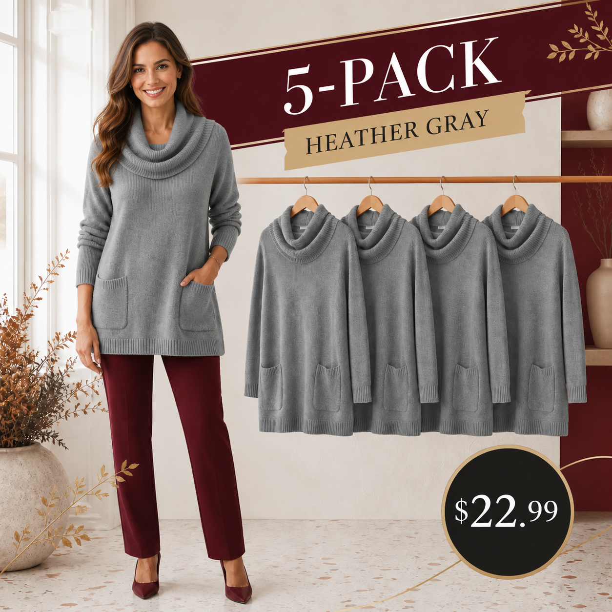 Women's Relaxed Cowl-Neck Knit Tunic with Pockets