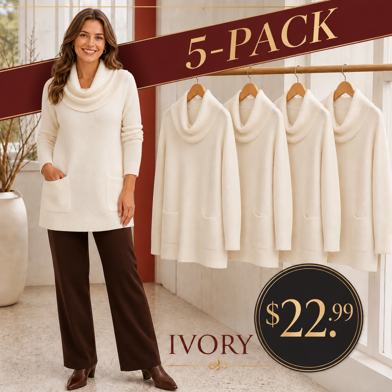 Women's Relaxed Cowl-Neck Knit Tunic with Pockets