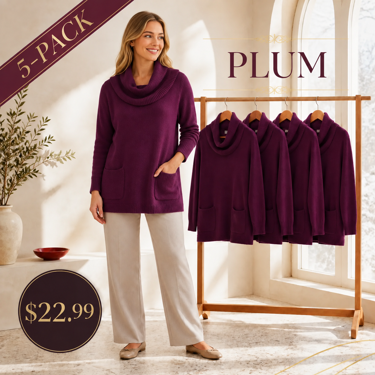 Women's Relaxed Cowl-Neck Knit Tunic with Pockets