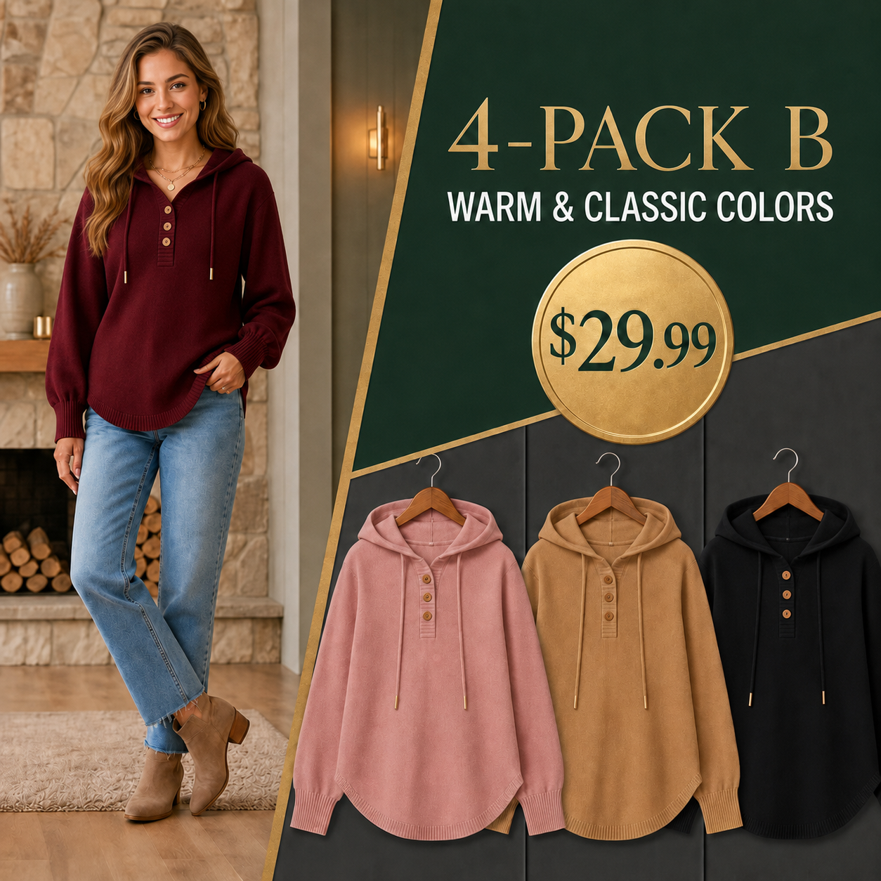 Women's Relaxed Button-Placket Knit Hoodie