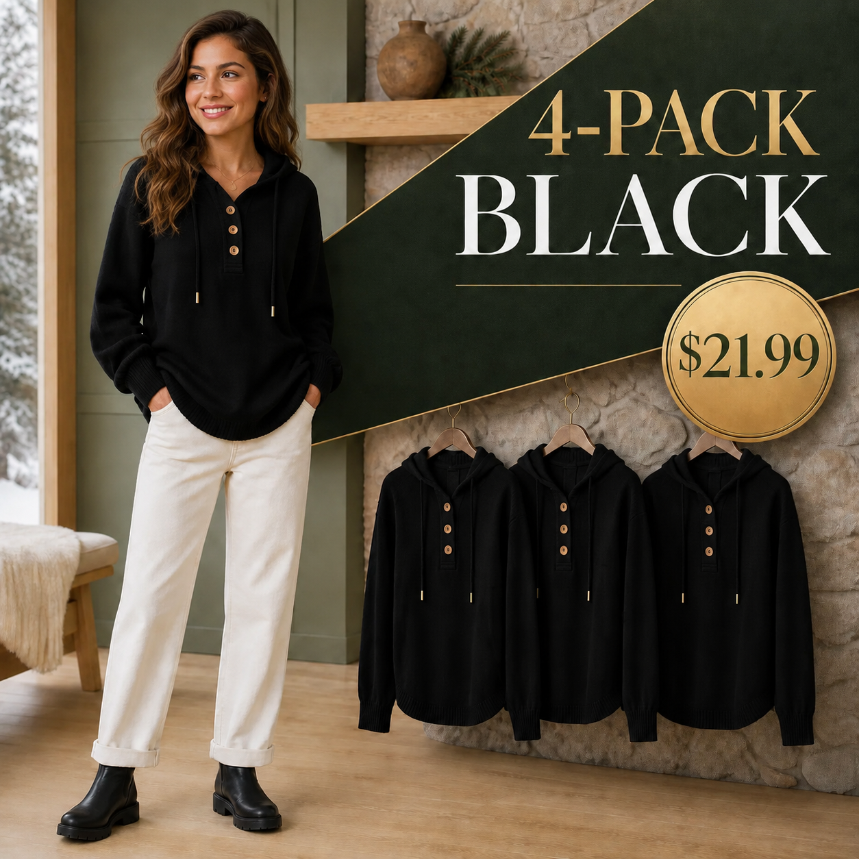 Women's Relaxed Button-Placket Knit Hoodie