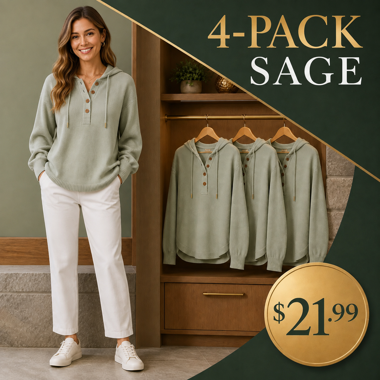 Women's Relaxed Button-Placket Knit Hoodie