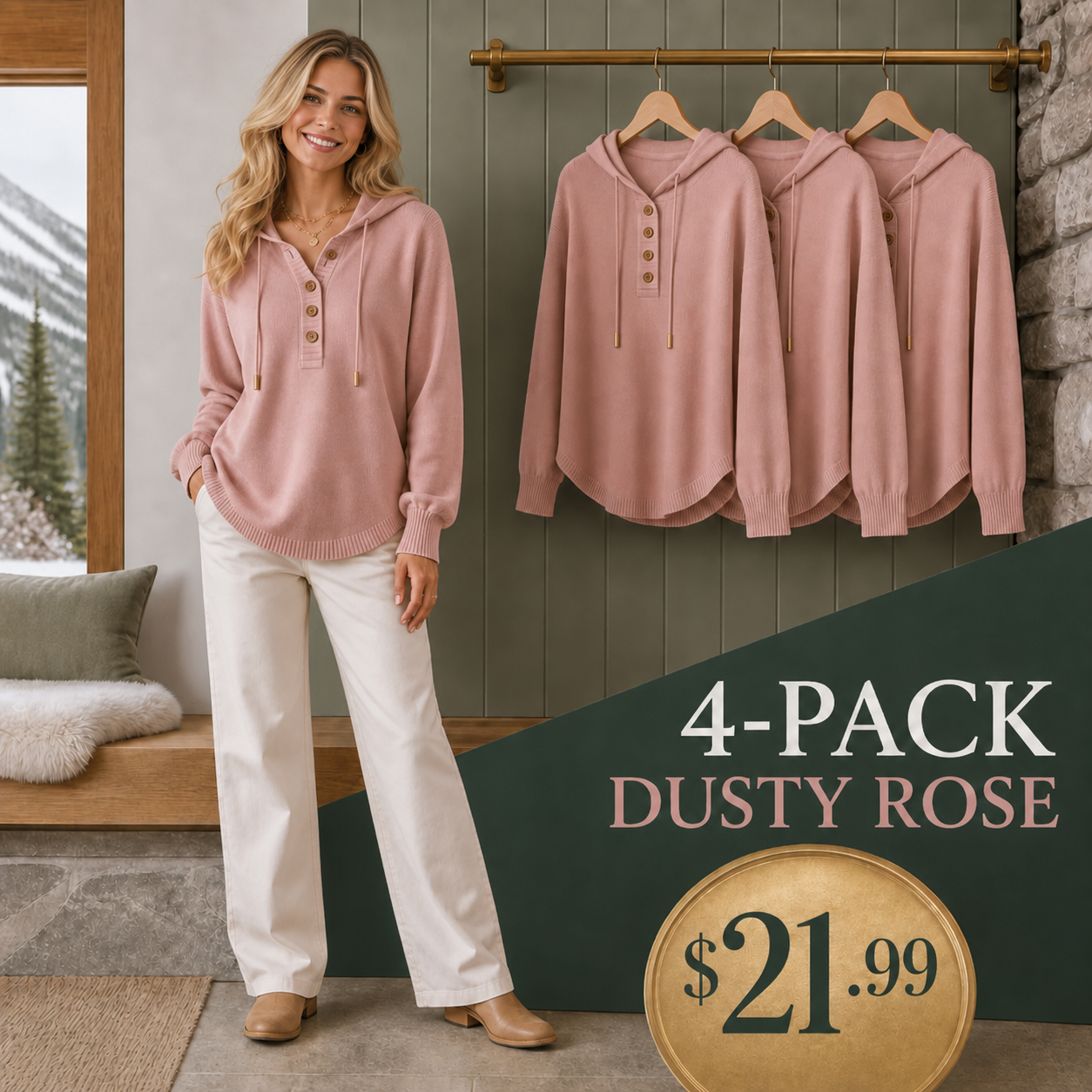 Women's Relaxed Button-Placket Knit Hoodie