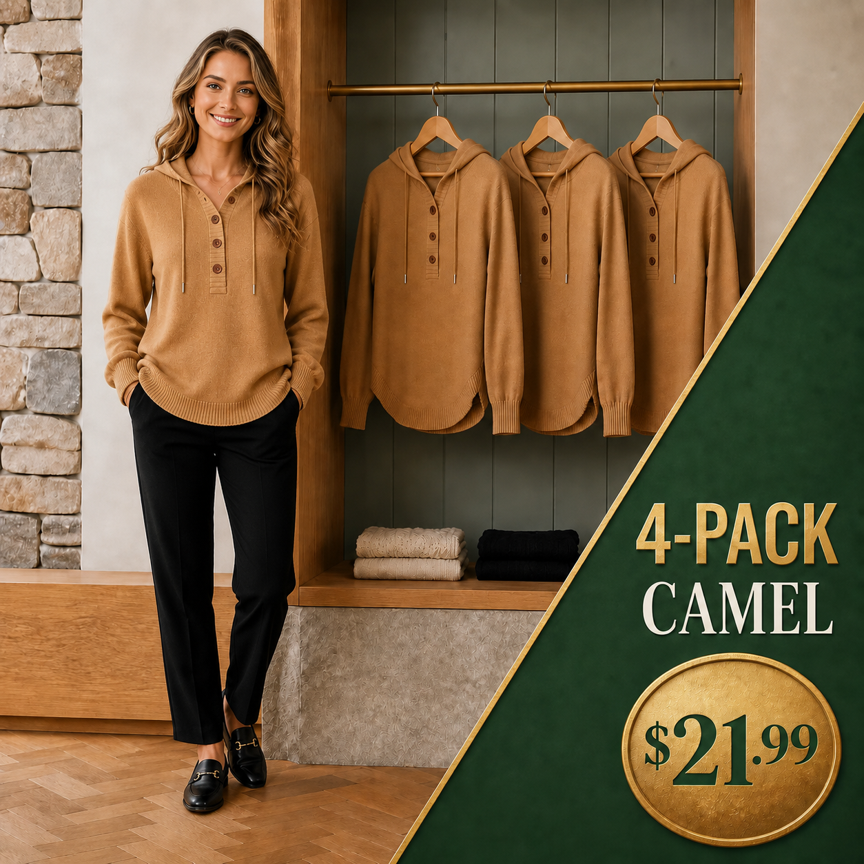 Women's Relaxed Button-Placket Knit Hoodie