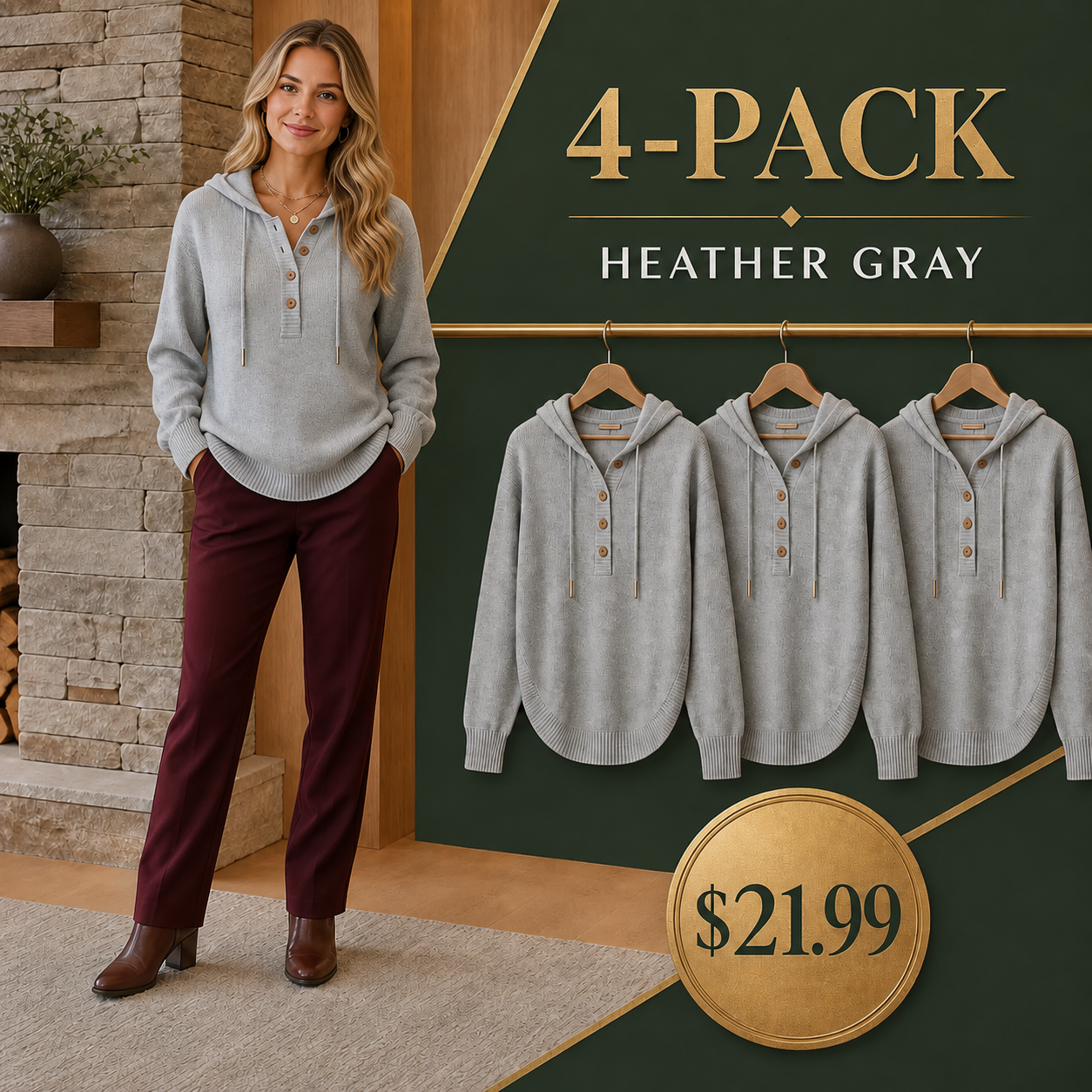 Women's Relaxed Button-Placket Knit Hoodie