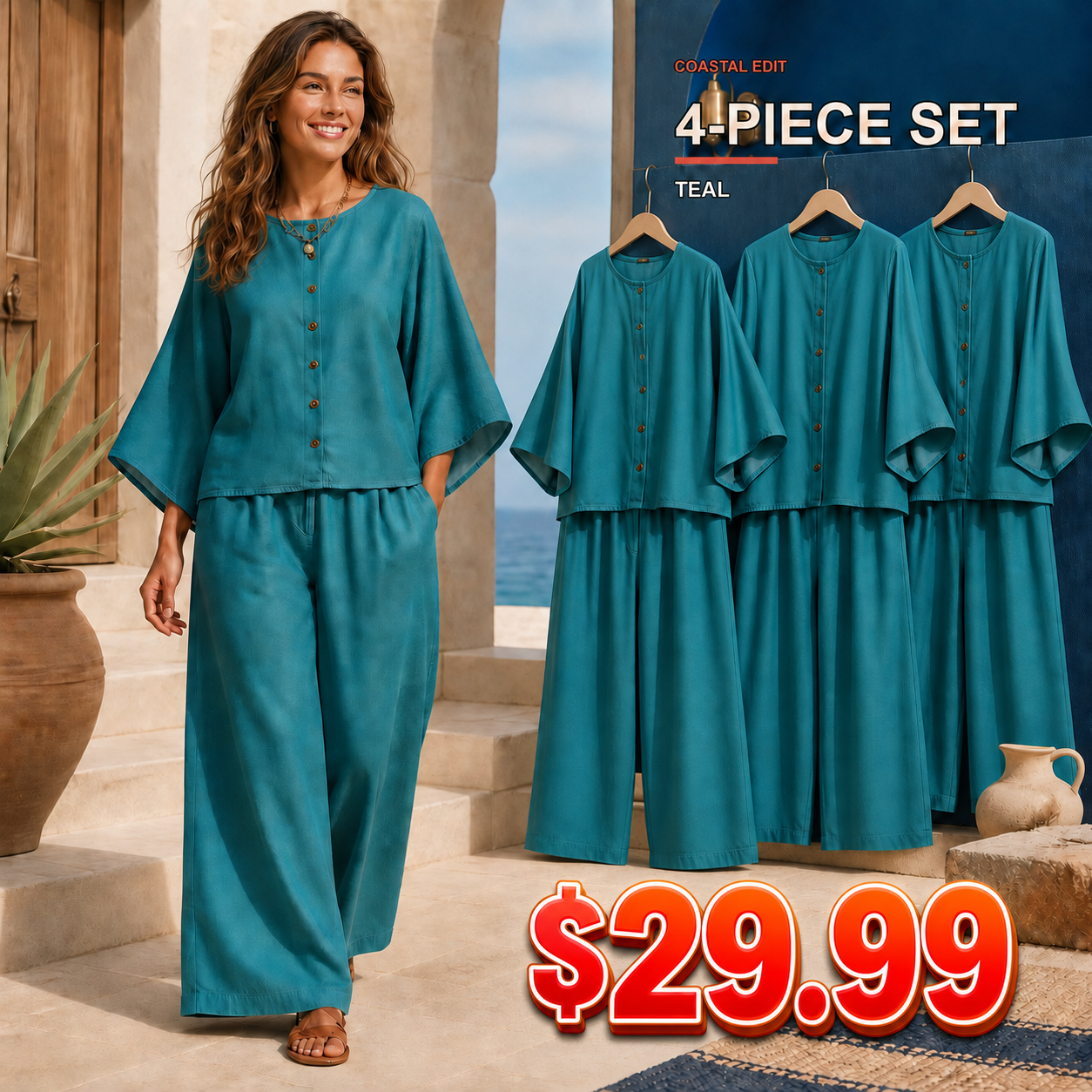 Women's Relaxed Button-Front Top and Wide-Leg Pants Set