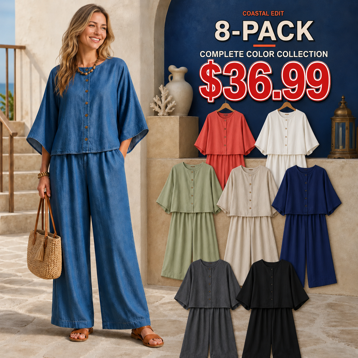 Women's Relaxed Button-Front Top and Wide-Leg Pants Set